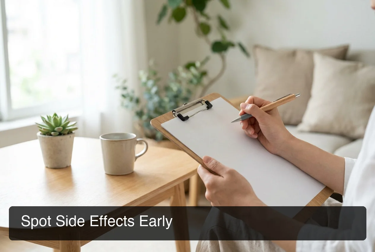 PeptideIQ peptide side effects tracking journal — hand writing notes on clipboard in a serene wellness environment