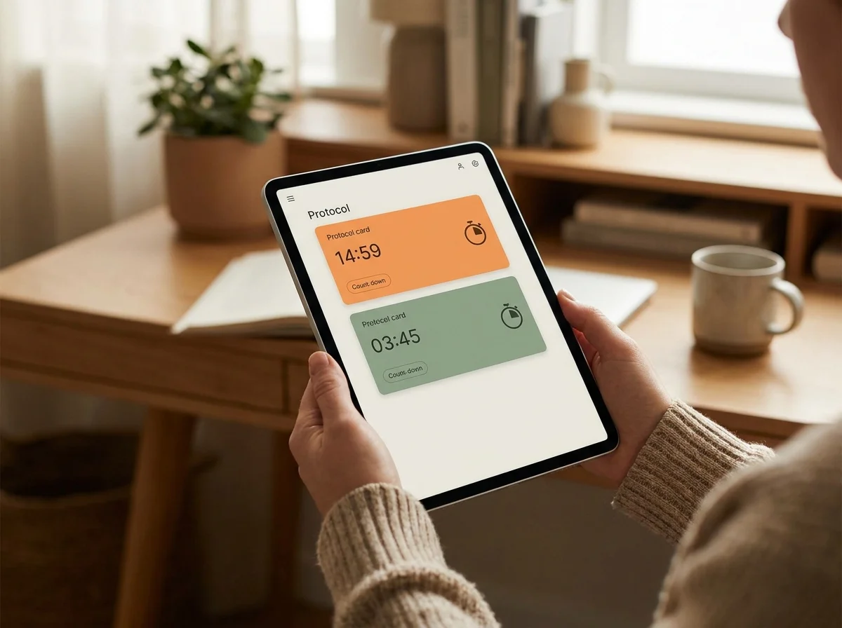 iPad showing two color-coded peptide protocol cards with cycle day counters and dose timing