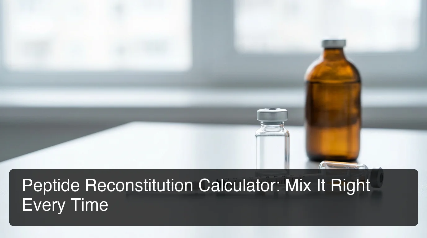 Peptide reconstitution calculator setup showing a pharmaceutical vial, syringe, and bacteriostatic water on a white lab surface