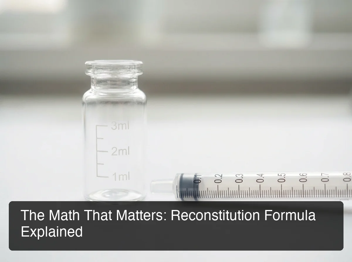 Peptide reconstitution math formula visualization with vial volume markings, syringe units, and the reconstitution formula