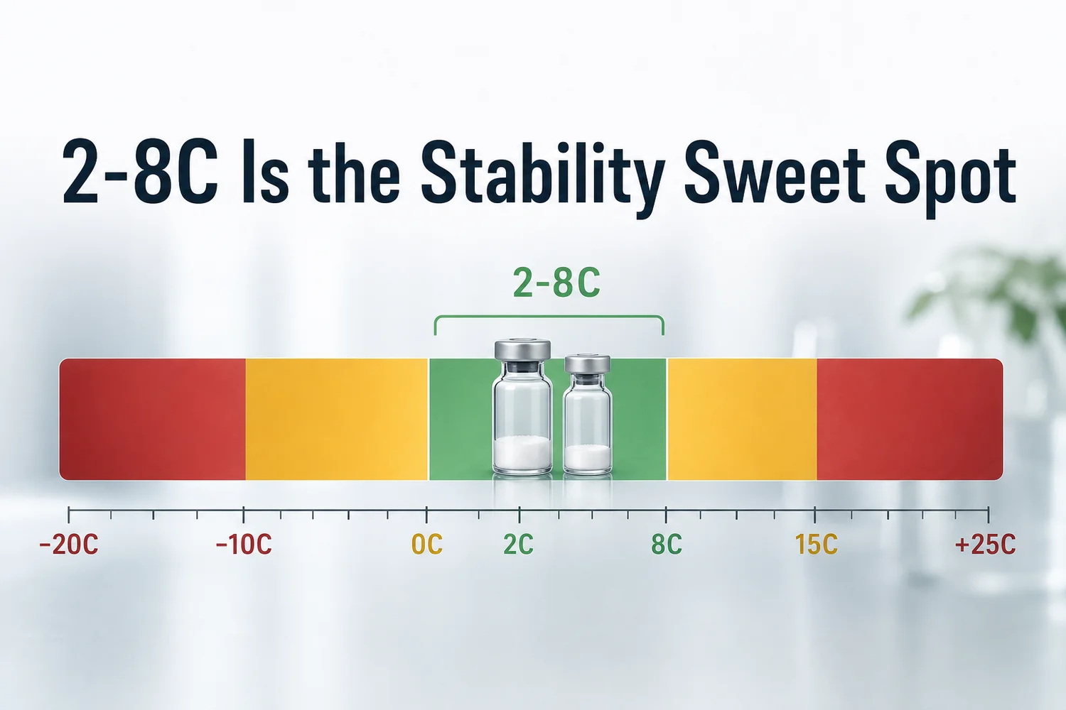 PeptideIQ peptide stability temperature zones from -20C to +25C showing the 2-8C optimal range