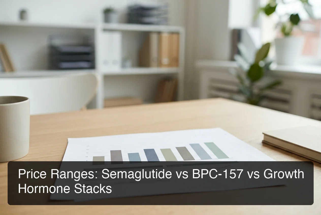 Price comparison visualization showing peptide therapy cost ranges for semaglutide vs BPC-157 vs growth hormone stacks with chart-style layout
