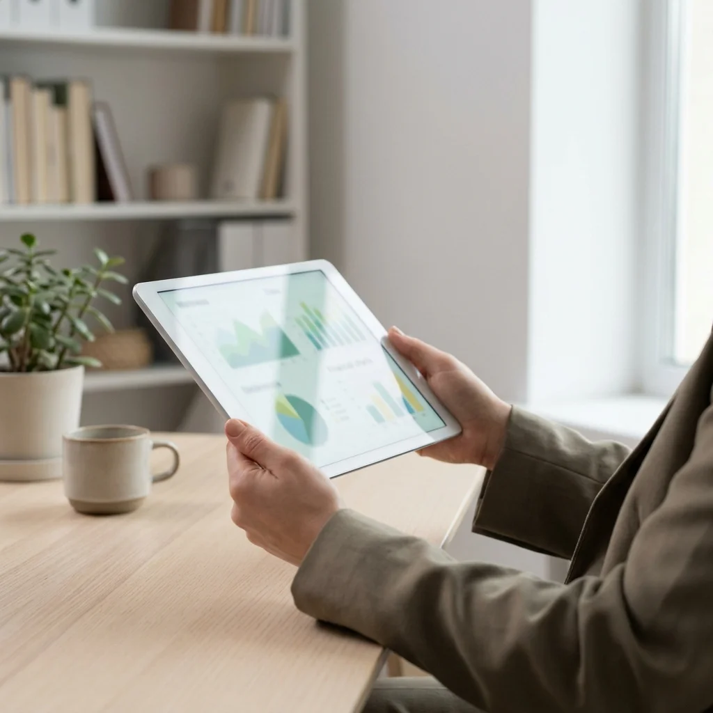 Person reviewing wellness and financial data on tablet at clean home office, evaluating peptide therapy ROI and cost-benefit results