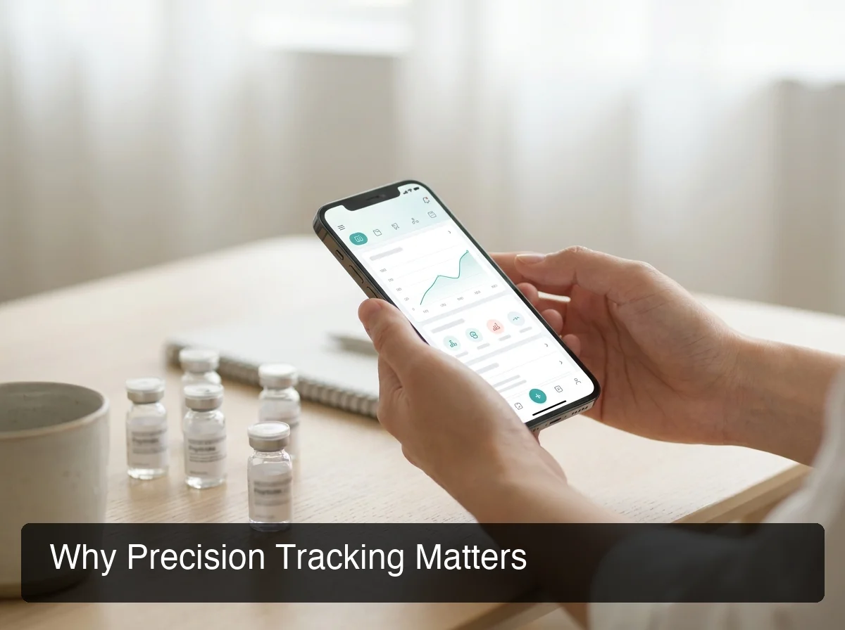 PeptideIQ peptide tracking app open on smartphone with peptide vials nearby
