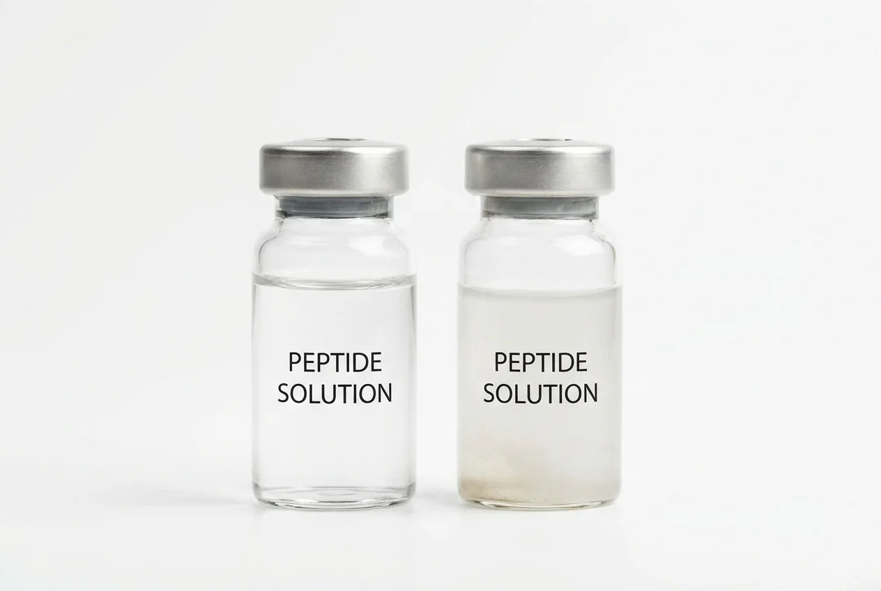 peptide storage degradation comparison showing clear freshly reconstituted vial versus cloudy degraded peptide vial