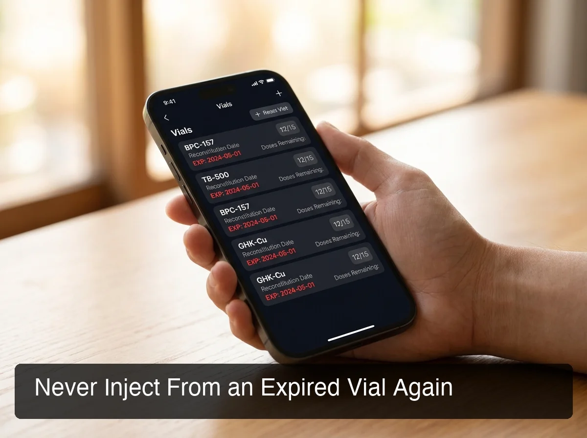 PeptideIQ peptide inventory management showing vial expiry tracking screen with automated low-stock and expiry alerts