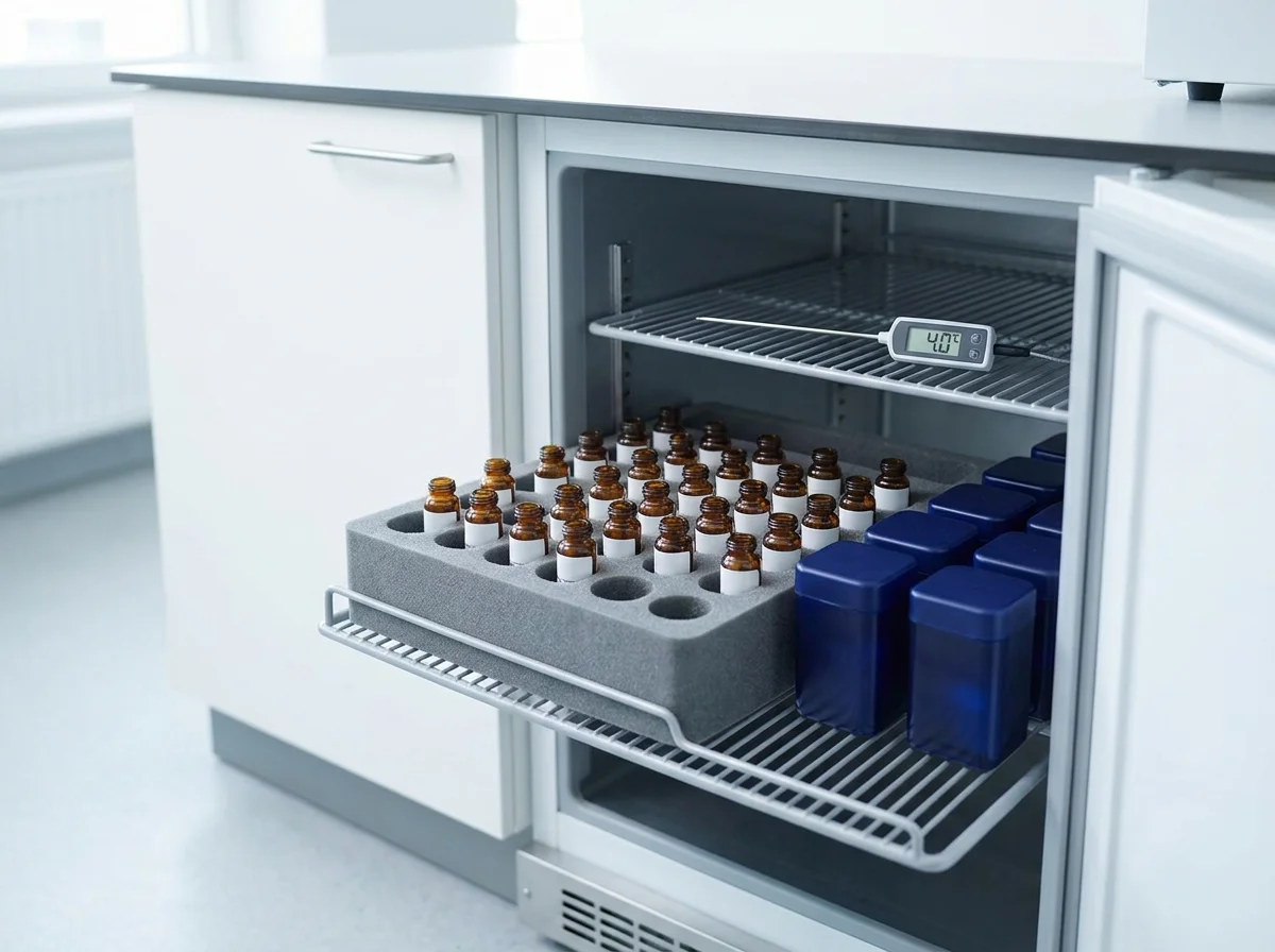 peptide storage containers organized pharmaceutical-style refrigerator setup with thermometer and labeled vials at proper vial storage conditions