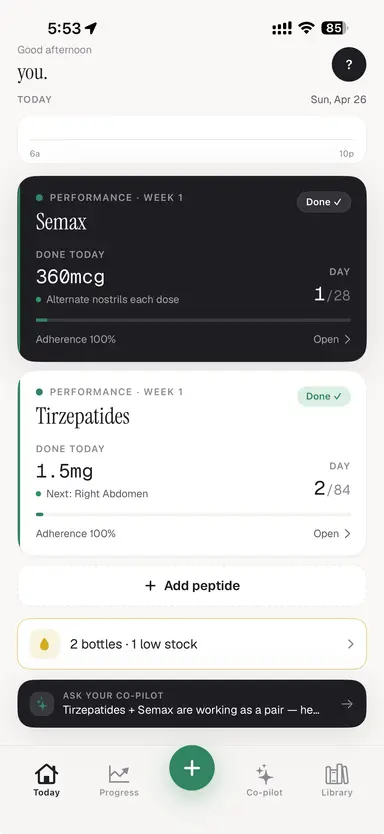 PeptideIQ Protocol Hub showing active peptide protocols and adherence tracking that peptide protocol app alternatives lack