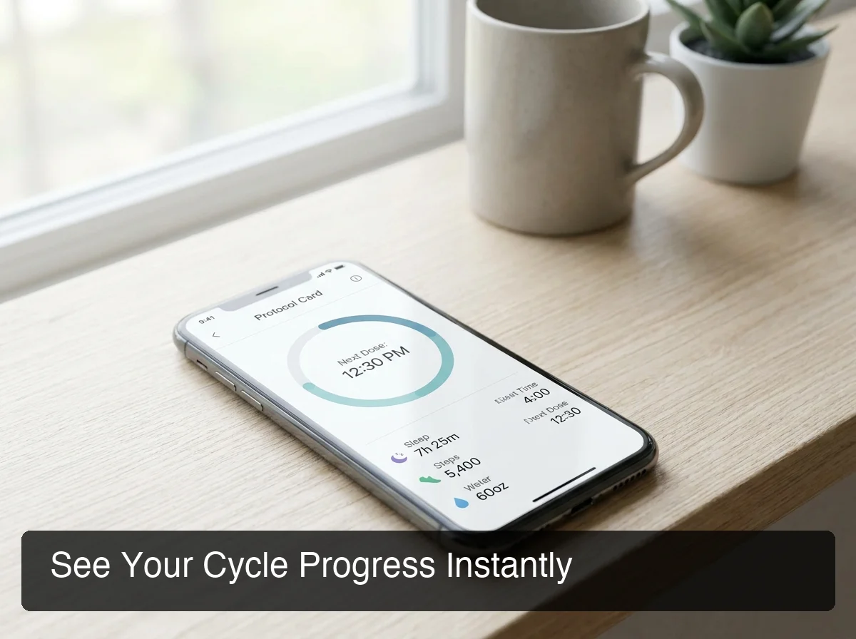 PeptideIQ Protocol Hub screen showing cycle progress bar and next dose time