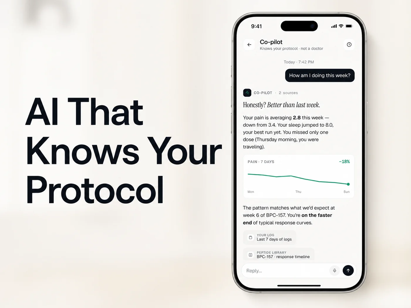 PeptideIQ AI co-pilot weekly summary showing pain down 18 percent, sleep at 8.0, and a week 6 BPC-157 response comparison