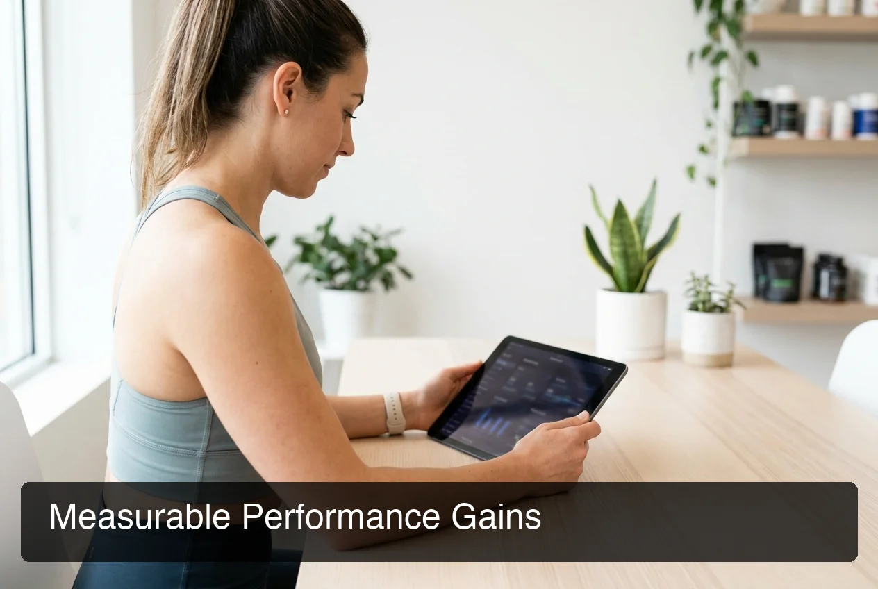 PeptideIQ peptide results tracking and performance monitoring — fitness professional reviewing protocol metrics on digital dashboard