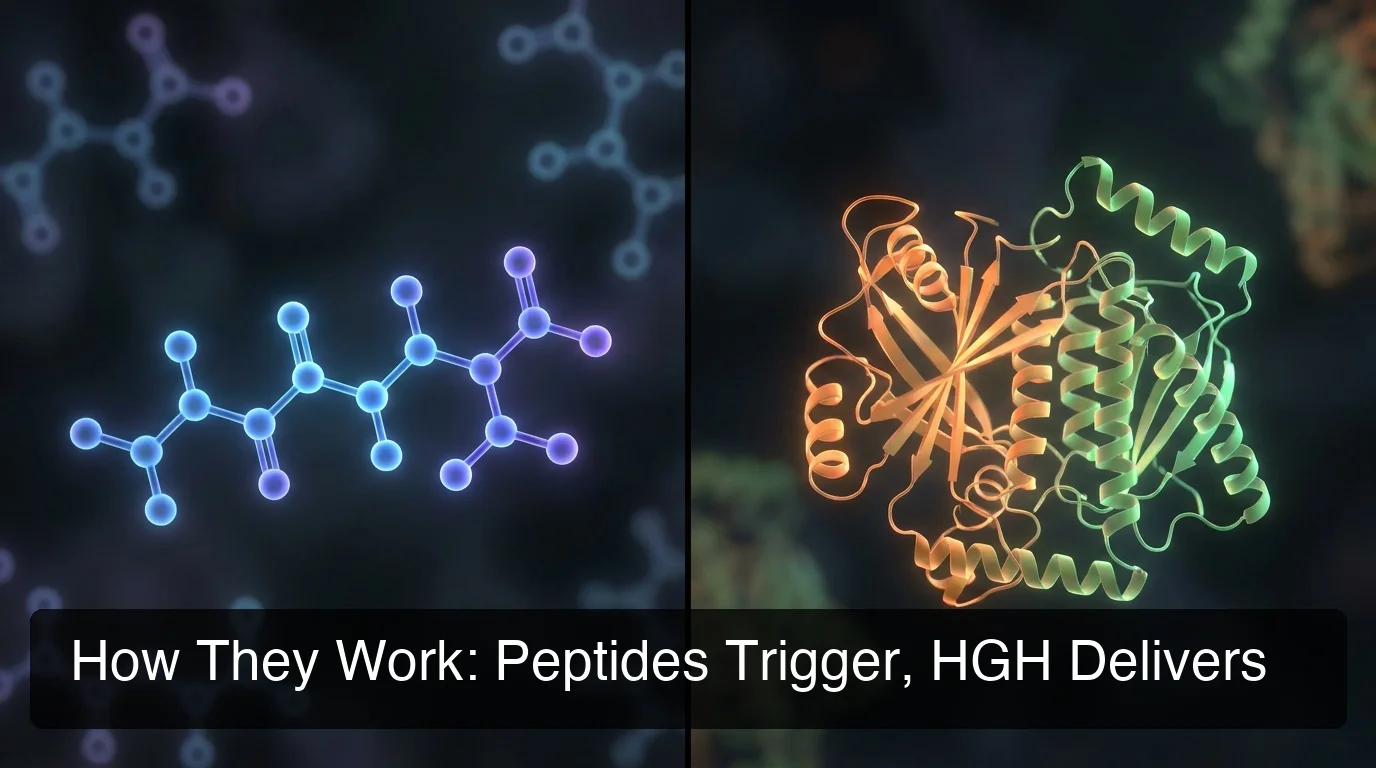 PeptideIQ peptide mechanism comparison showing how peptides trigger natural GH vs HGH direct delivery