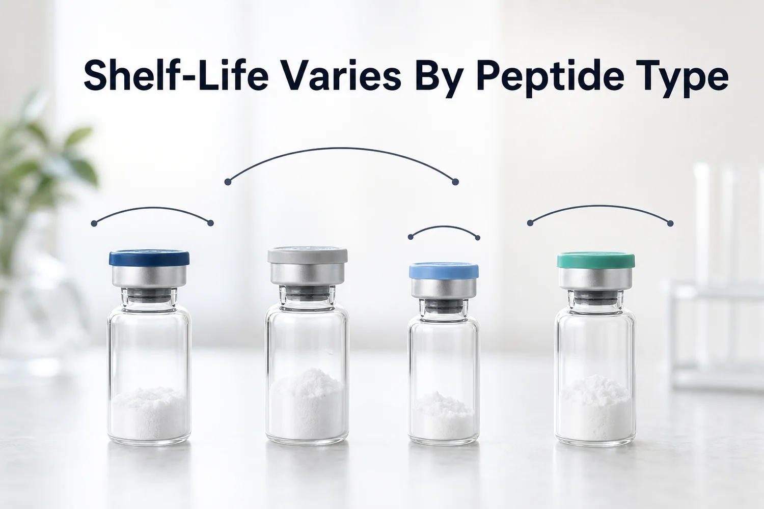 PeptideIQ shelf-life timeline comparison showing BPC-157, semaglutide, Semax, and TB-500 vials with different reconstituted peptide stability windows