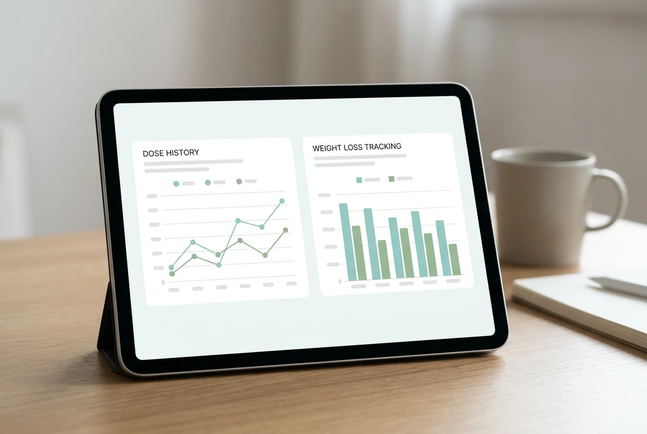 Semaglutide dose tracking dashboard showing dose history and weight trend side by side