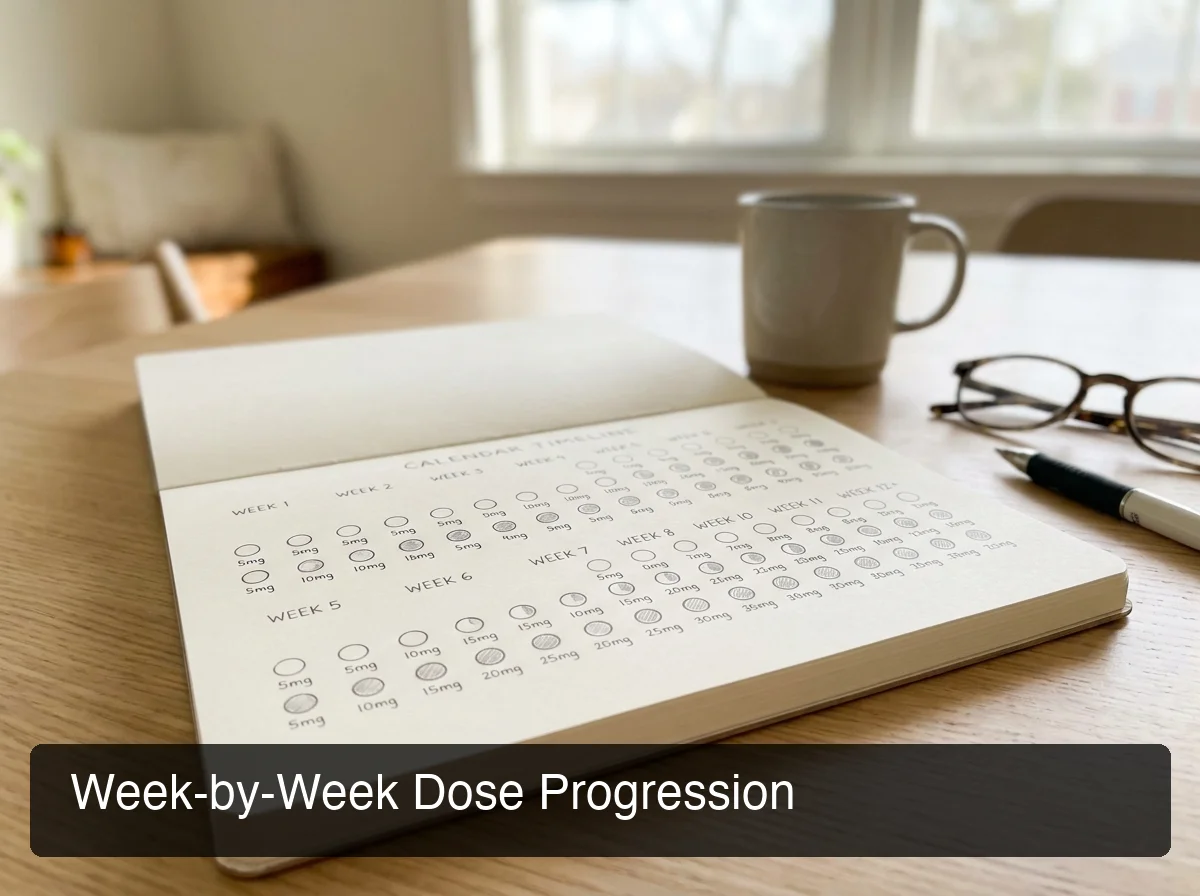 PeptideIQ semaglutide titration for weight loss timeline showing week-by-week dose progression