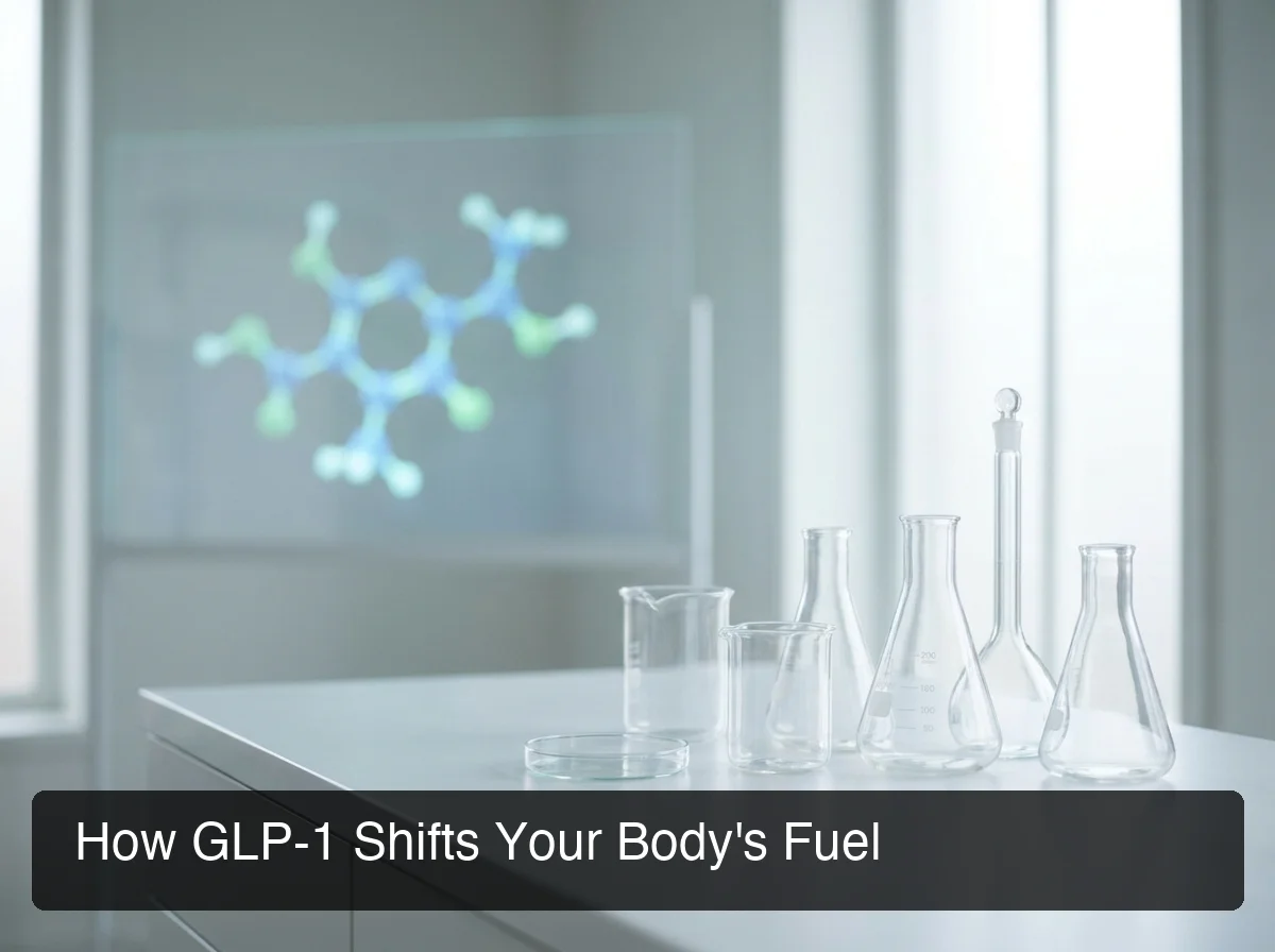 PeptideIQ GLP-1 muscle loss mechanism showing how semaglutide shifts the body's fuel utilization