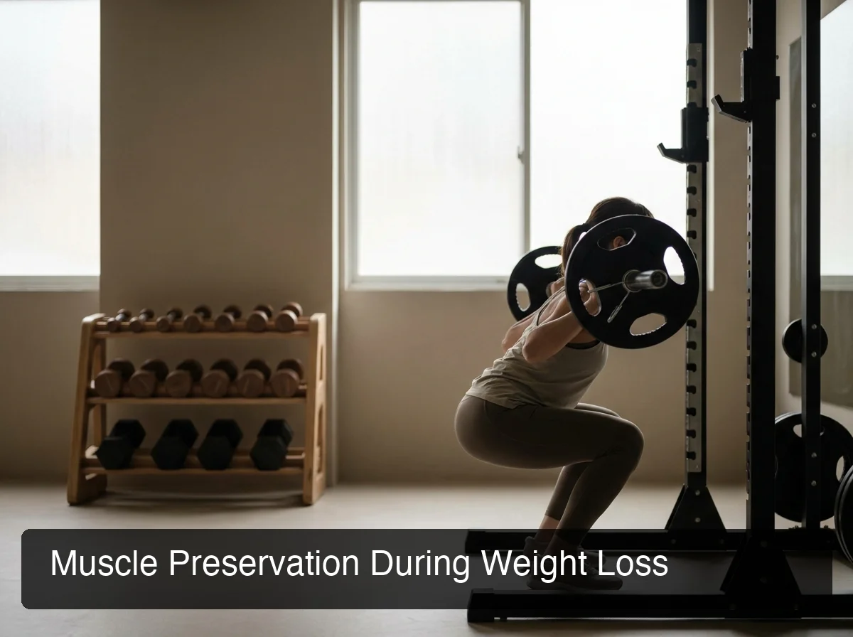PeptideIQ muscle preservation on semaglutide showing person strength training at barbell station with resistance exercise focus