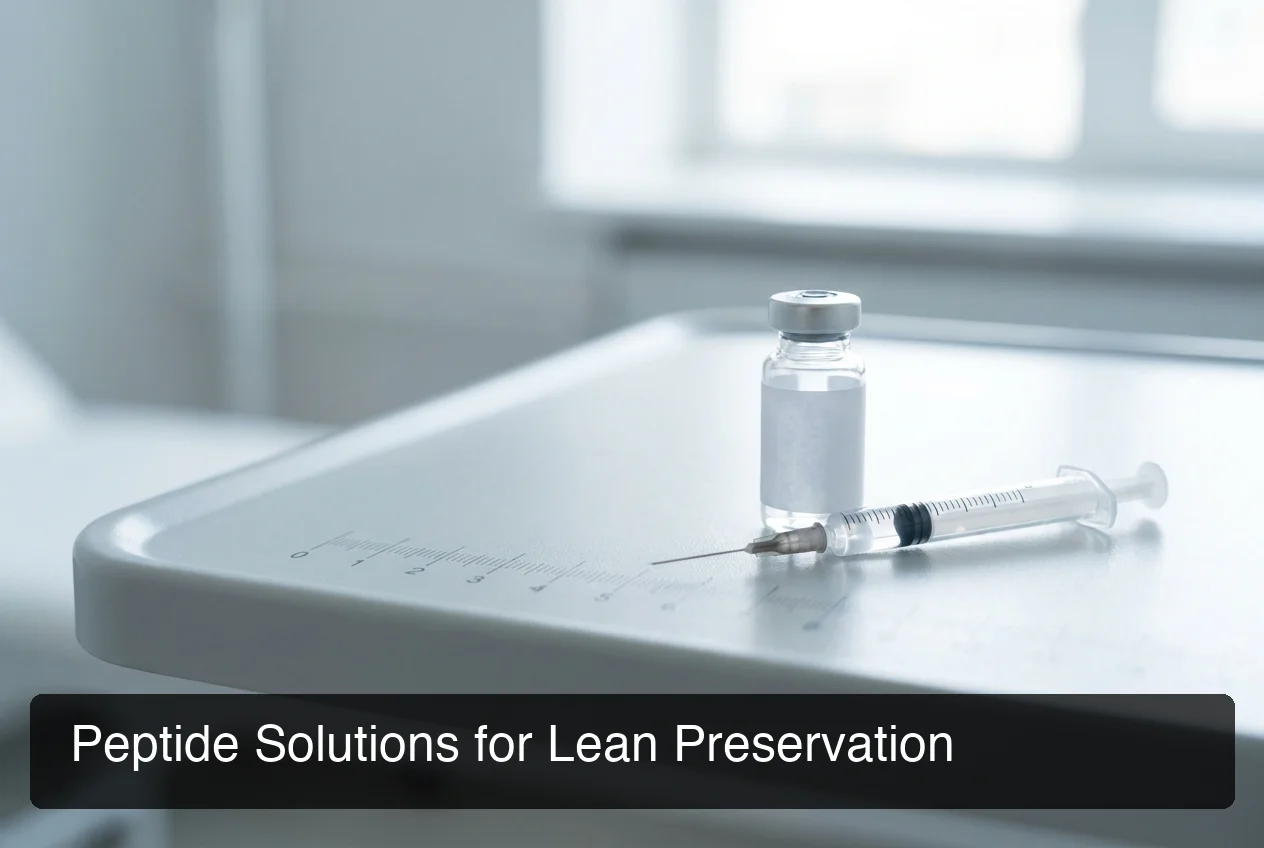 PeptideIQ peptide vials on clinical table for semaglutide lean mass preservation protocol, premium clinical setting