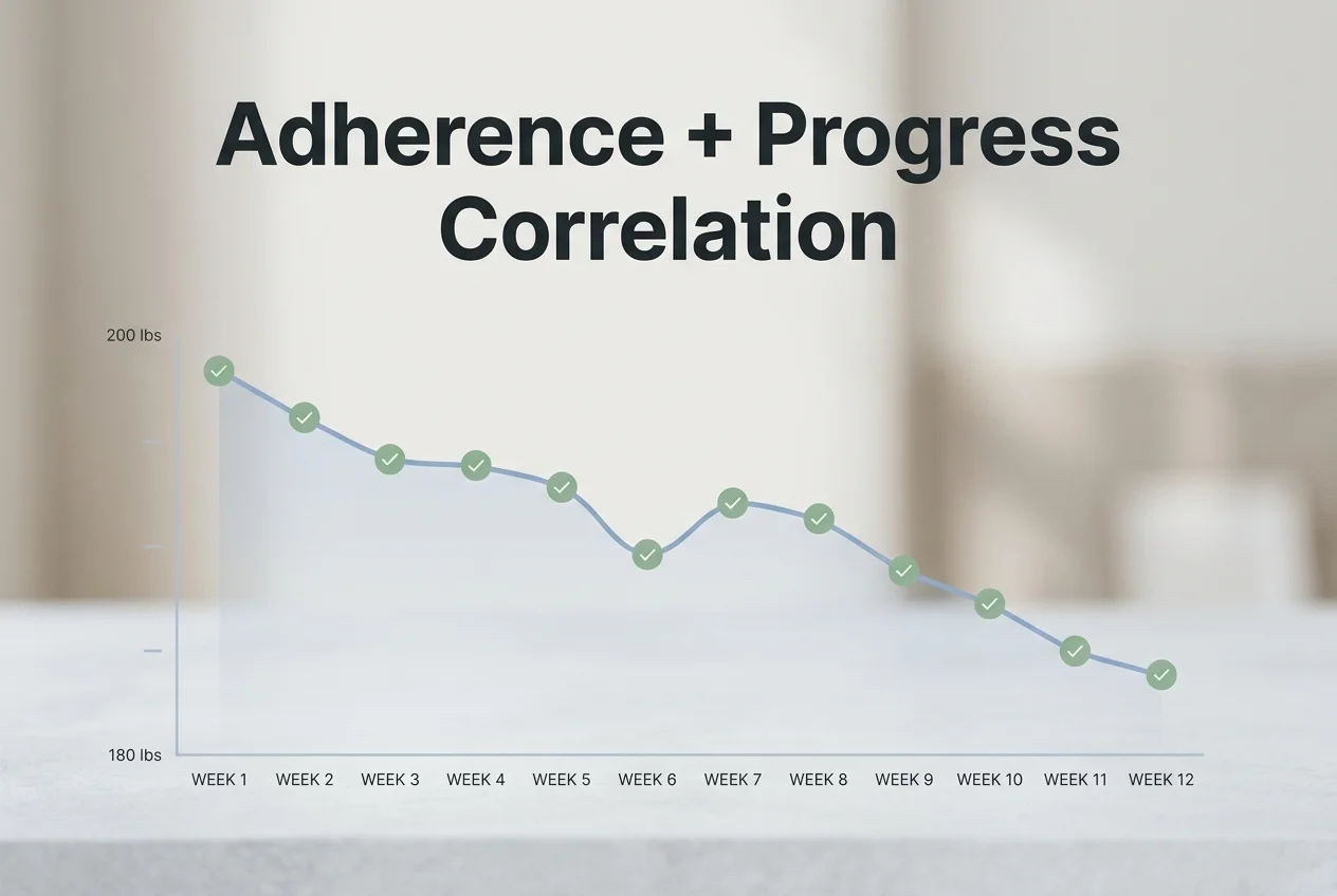 Line chart showing a semaglutide weight loss trend over 12 weeks with a dip and recovery around week 6, adherence checkmarks logged at each data point