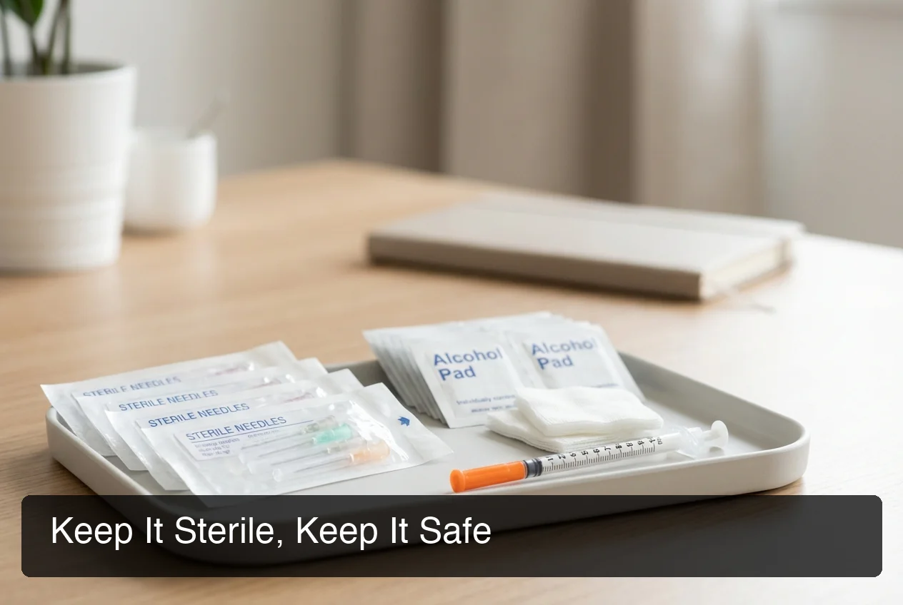 PeptideIQ best practices for subcutaneous injection showing sterile supplies and organized workspace for safe peptide self-administration