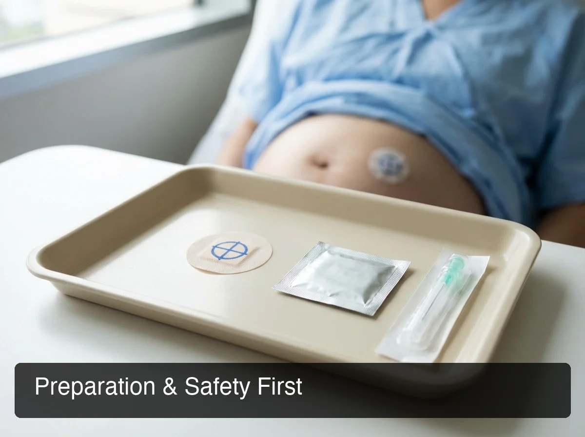 PeptideIQ injection site preparation showing sterile needle layout and abdomen site marking for subcutaneous peptide injection