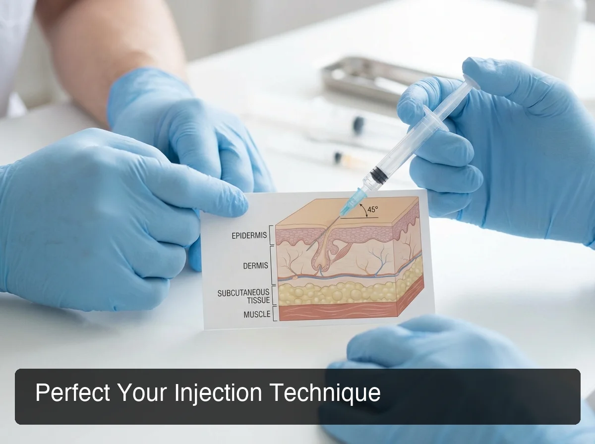Peptide injection technique showing proper needle angle and depth during subcutaneous self-administration