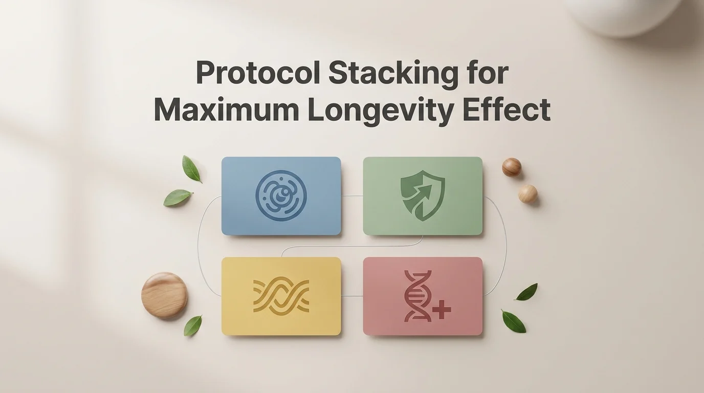 Longevity peptides stack showing thymosin alpha 1, GHK-Cu, LL-37, and NAD+ as complementary protocol cards