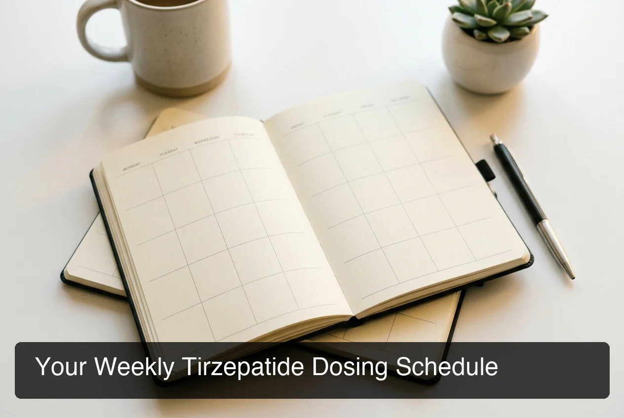 Tirzepatide dosage escalation schedule showing weekly progression from 2.5mg to 15mg over a 6-phase timeline