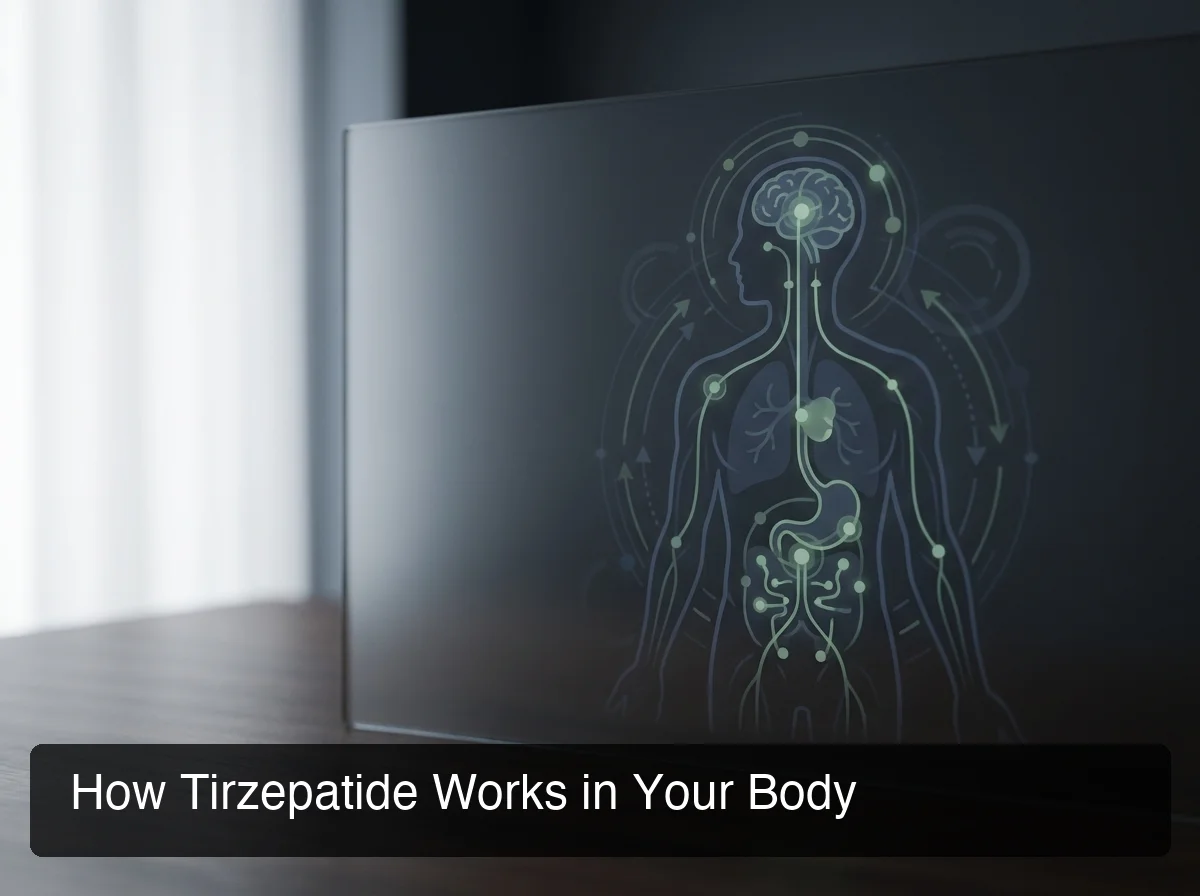 PeptideIQ tirzepatide weight loss mechanism showing GLP-1 and GIP receptor activation pathways in the body