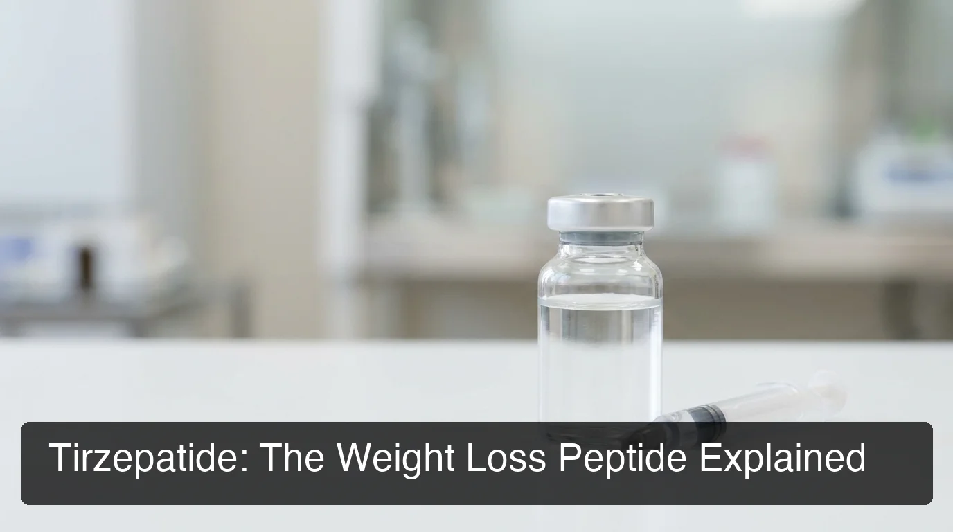 PeptideIQ tirzepatide peptide — injectable peptide vial and syringe in a soft clinical laboratory setting