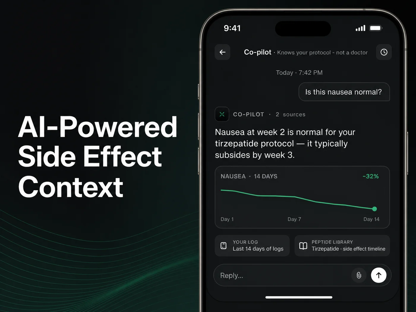 PeptideIQ AI co-pilot showing tirzepatide results context, explaining that nausea in week two is a normal and expected response