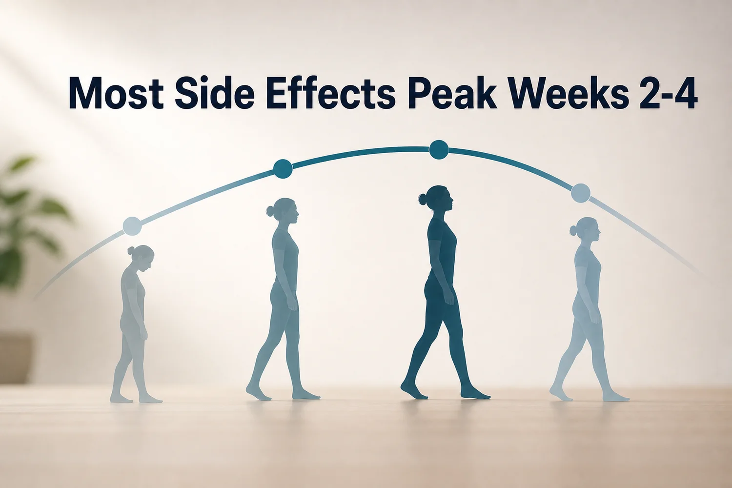 Four-week tirzepatide nausea timeline showing symptom intensity peaking in weeks two through four