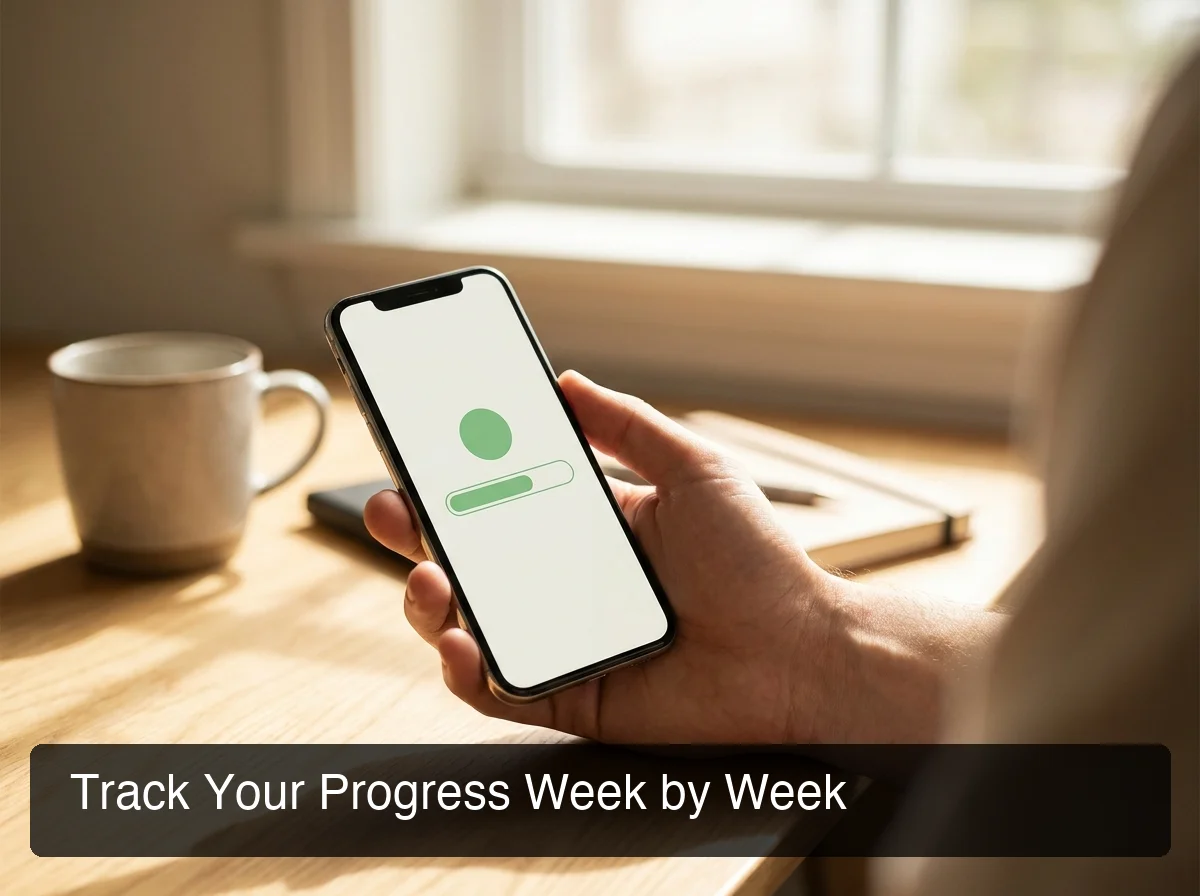 PeptideIQ progress tracking dashboard showing weekly weight trend, adherence streak, and goal timeline countdown on mobile