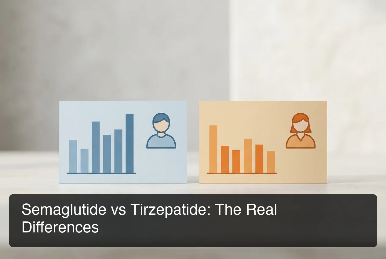 Semaglutide vs tirzepatide comparison for GLP-1 weight loss peptides showing efficacy percentages, titration speed, and monthly costs