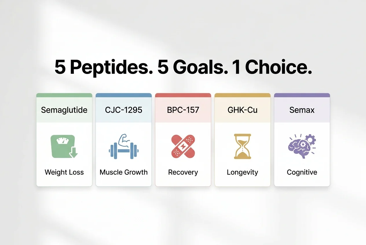Comparison grid showing five peptides matched to five goals: weight loss, muscle growth, recovery, longevity, and cognitive support