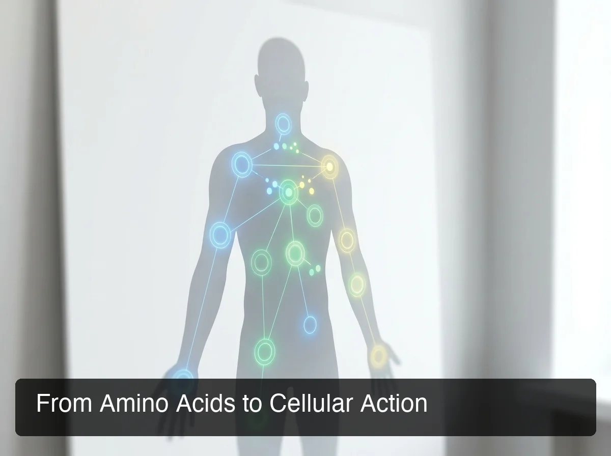 peptide basics — human body silhouette with highlighted cellular receptor sites showing molecular signaling interactions