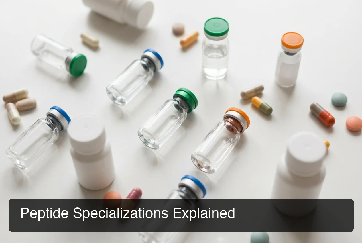 peptide guide — professional arrangement of different peptide vials representing healing, longevity, and metabolic categories