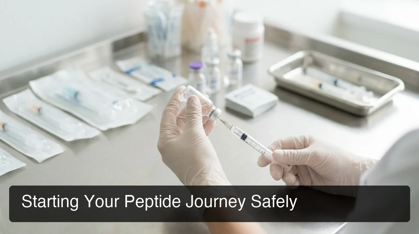 PeptideIQ starting peptides safely — person preparing injection with organized medical supplies on clean clinical surface