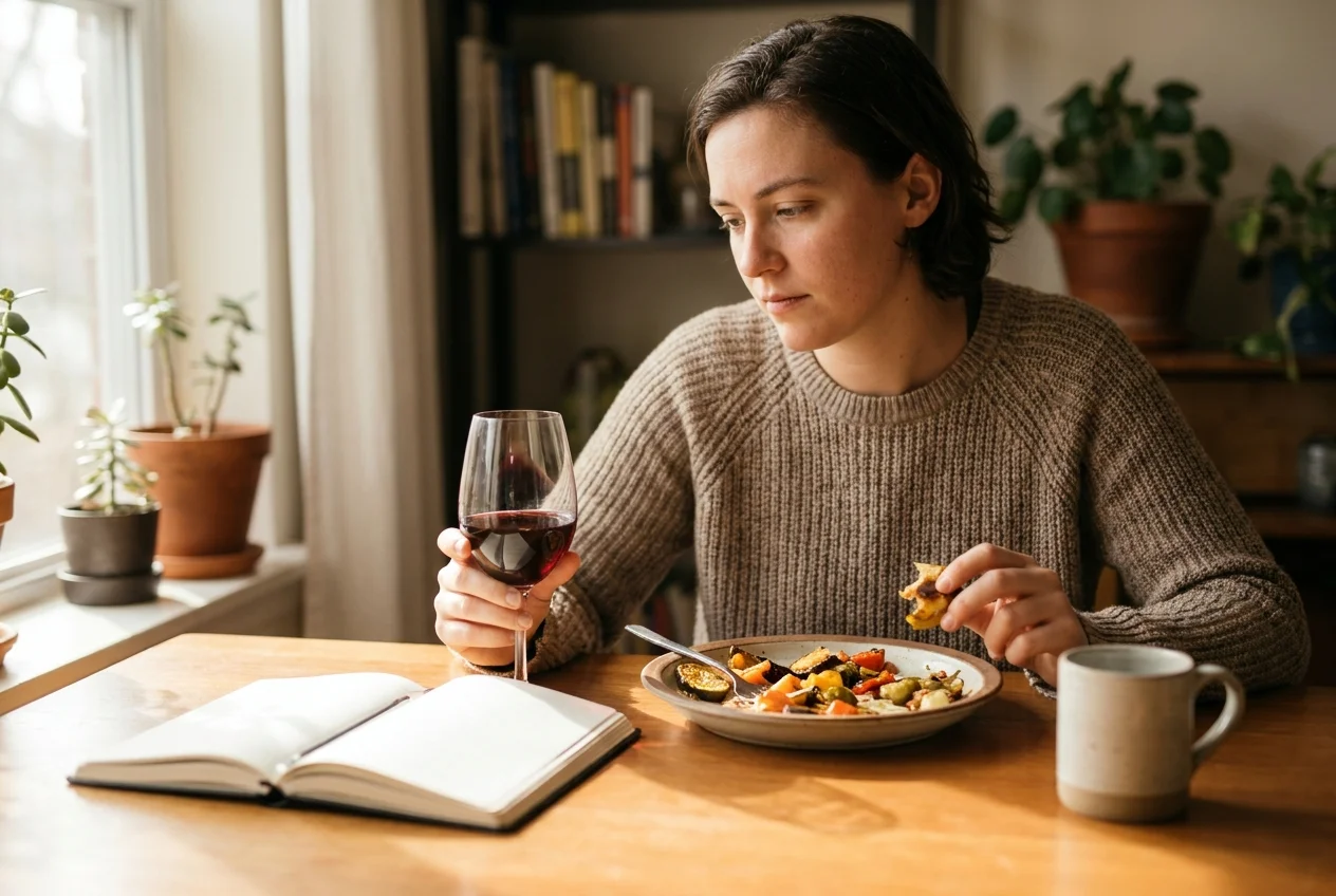 Person considering a drink alongside a meal while managing semaglutide dosing