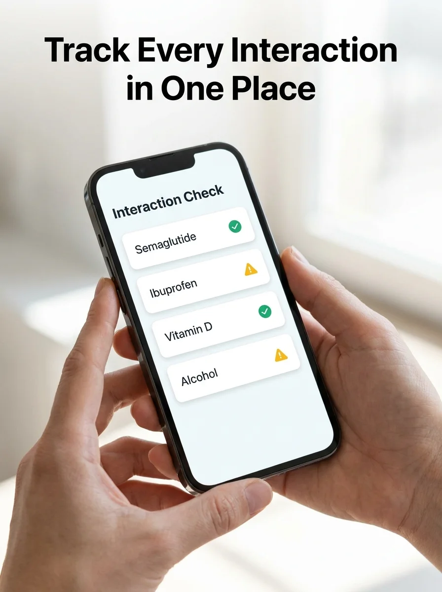 PeptideIQ interaction tracker interface shown on a smartphone during a semaglutide protocol