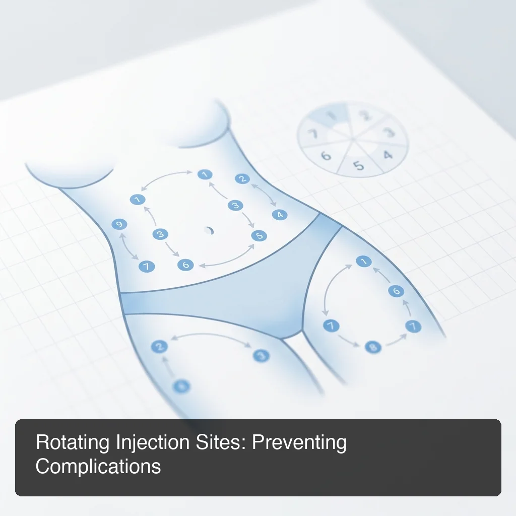 PeptideIQ injection site rotation grid showing numbered rotation points across abdomen and thigh zones