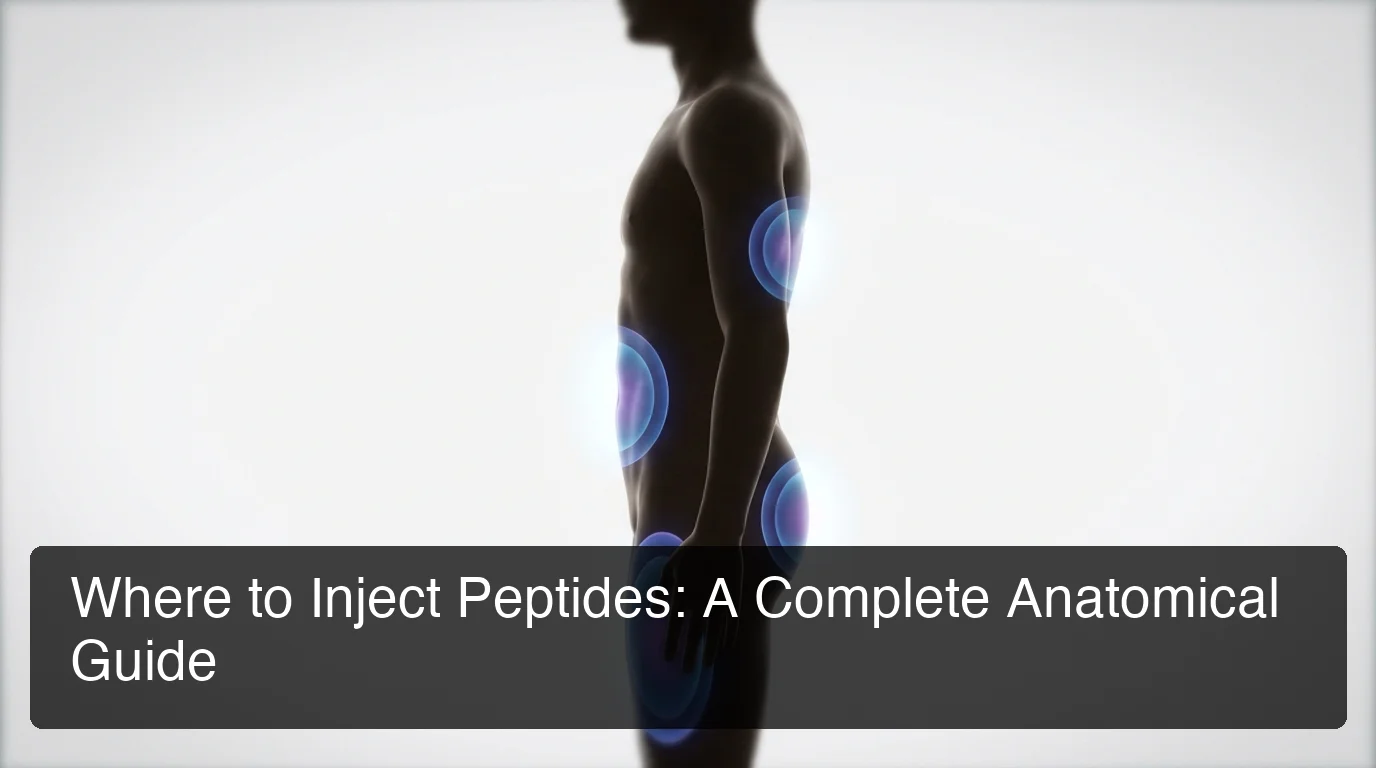 where to inject peptides — anatomical overview of subcutaneous injection sites showing abdomen, thigh, upper arm, and glutes