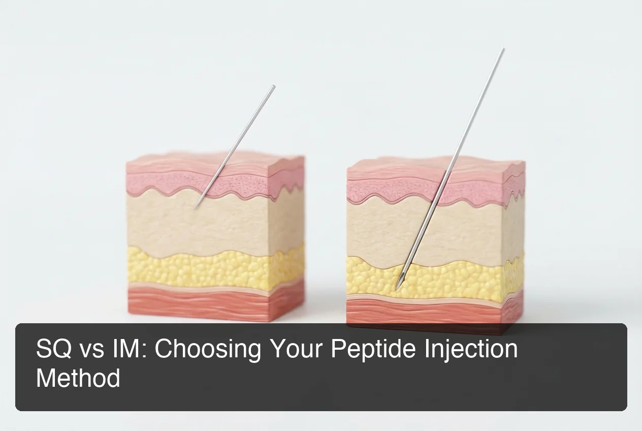 PeptideIQ subcutaneous vs intramuscular injection comparison showing tissue layer depth and needle angle for peptide delivery