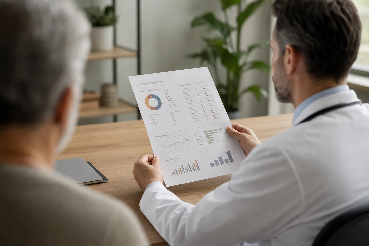 Doctor reviewing an organized peptide log, addressing doctor's concerns about peptide use with documented data
